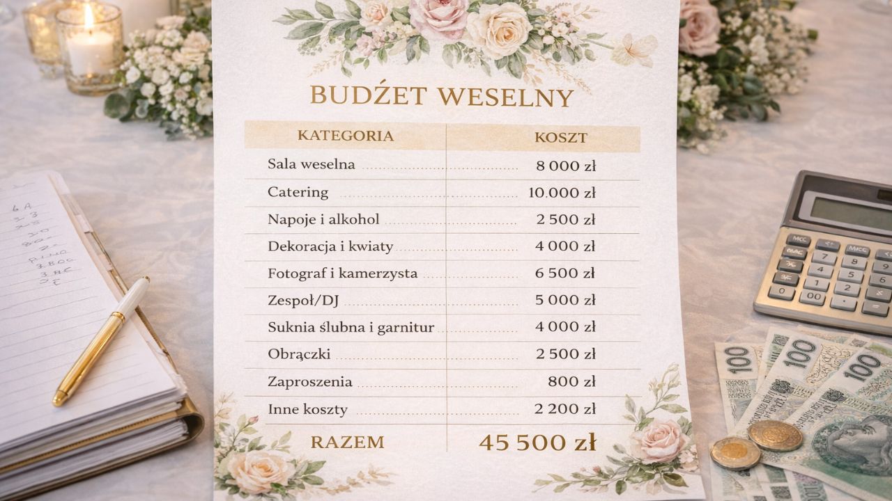 Tabela kosztów weselnych rozpisanych na budżet