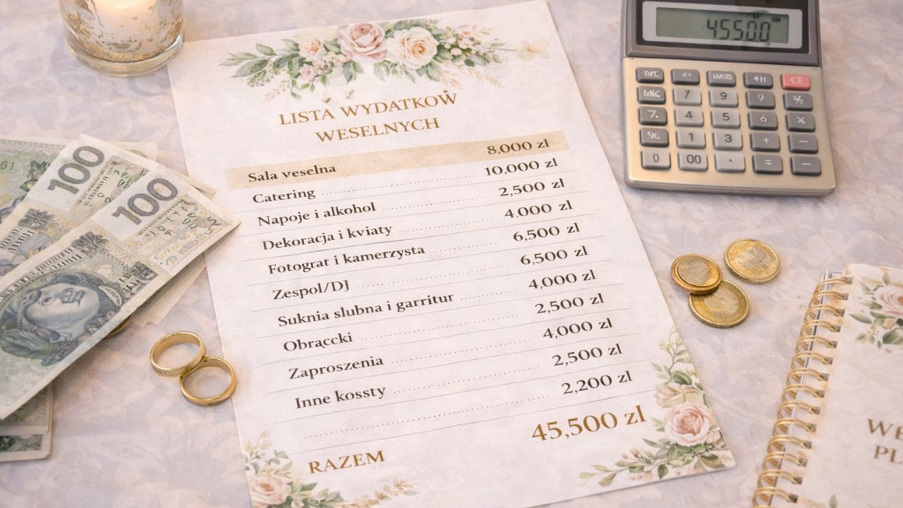 Kalkulator, obrączki i lista wydatków weselnych na stole